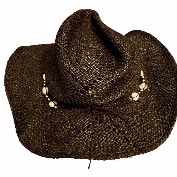 NWOT Black w/White Stones Straw Cowgirl/Cowboy Hat - Picture 2 of 3